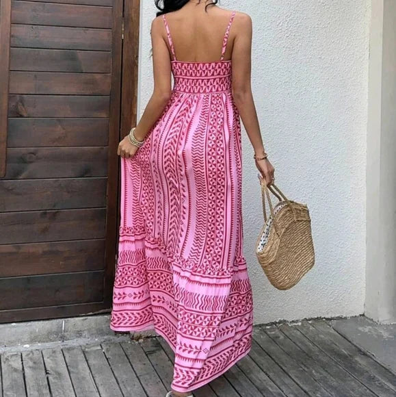 Women Geometric Printed Shoulder Straps Smocked Cotton Maxi Dress