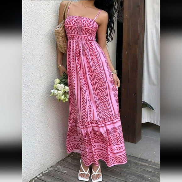 Women Geometric Printed Shoulder Straps Smocked Cotton Maxi Dress
