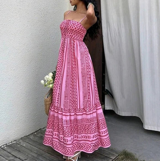 Women Geometric Printed Shoulder Straps Smocked Cotton Maxi Dress